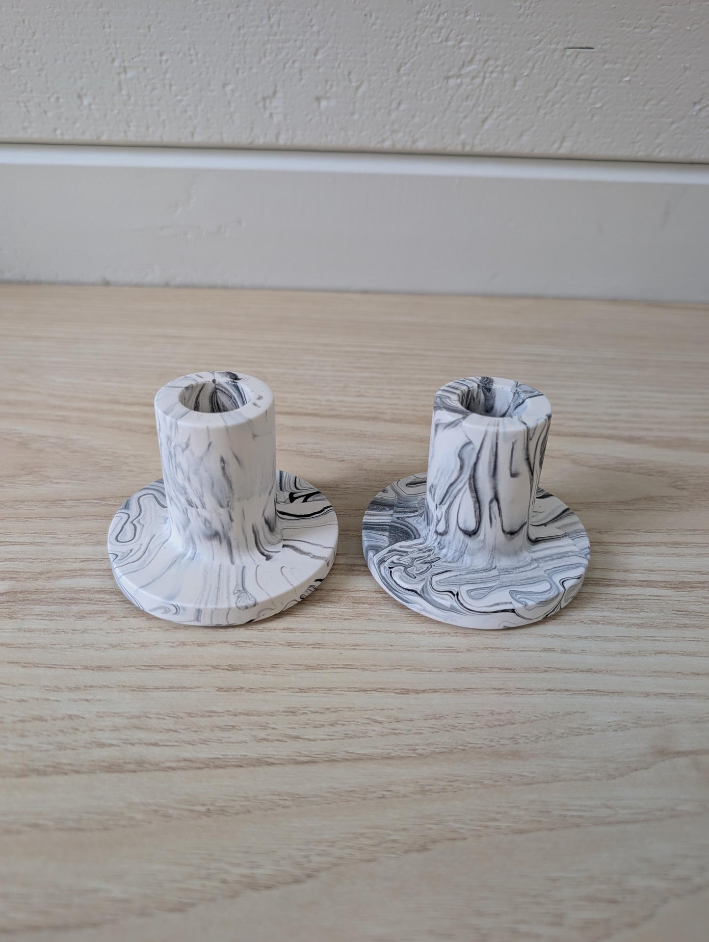 White & Black Marbled Taper Candle Holder Set