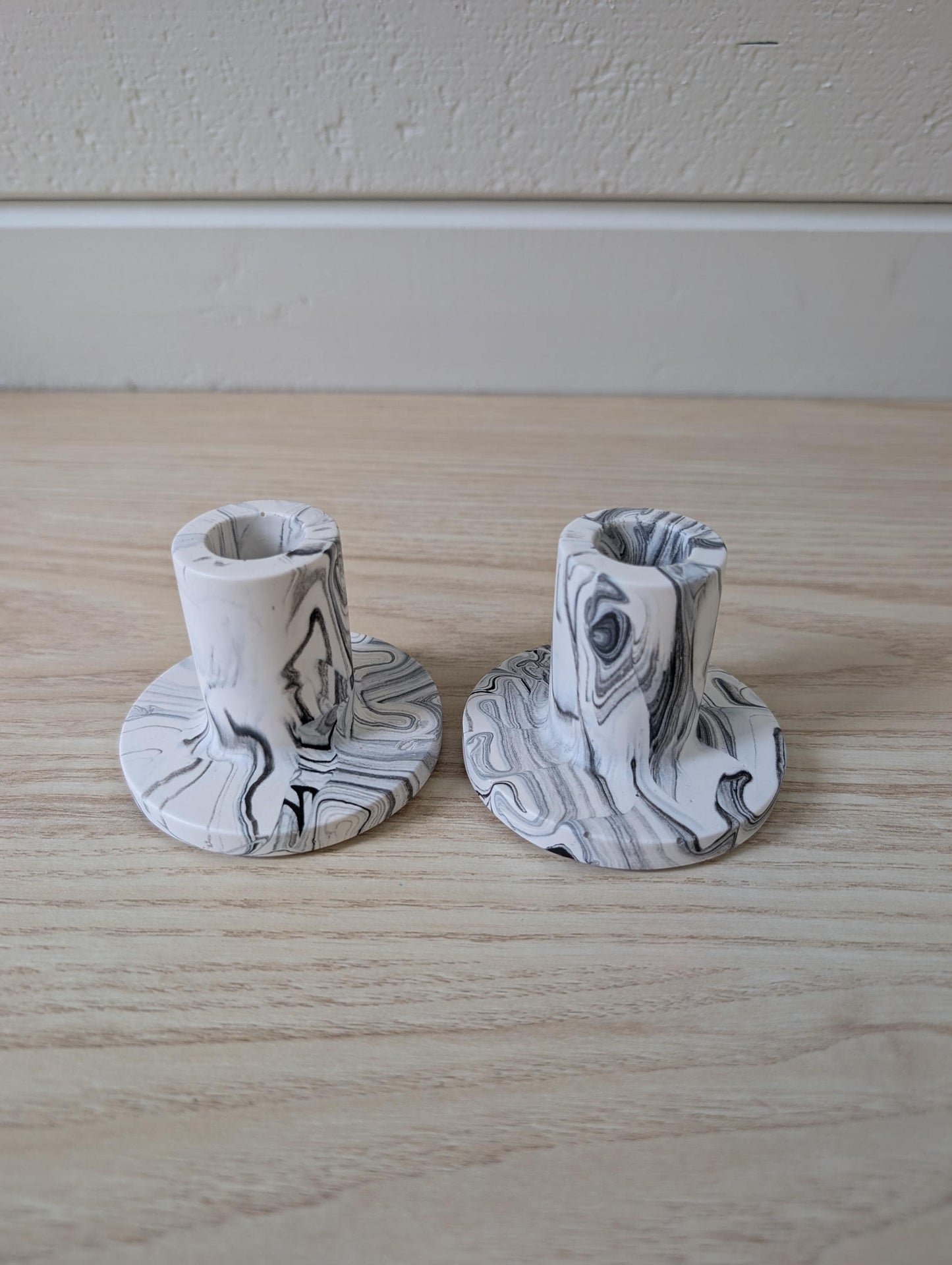 White & Black Marbled Taper Candle Holder Set
