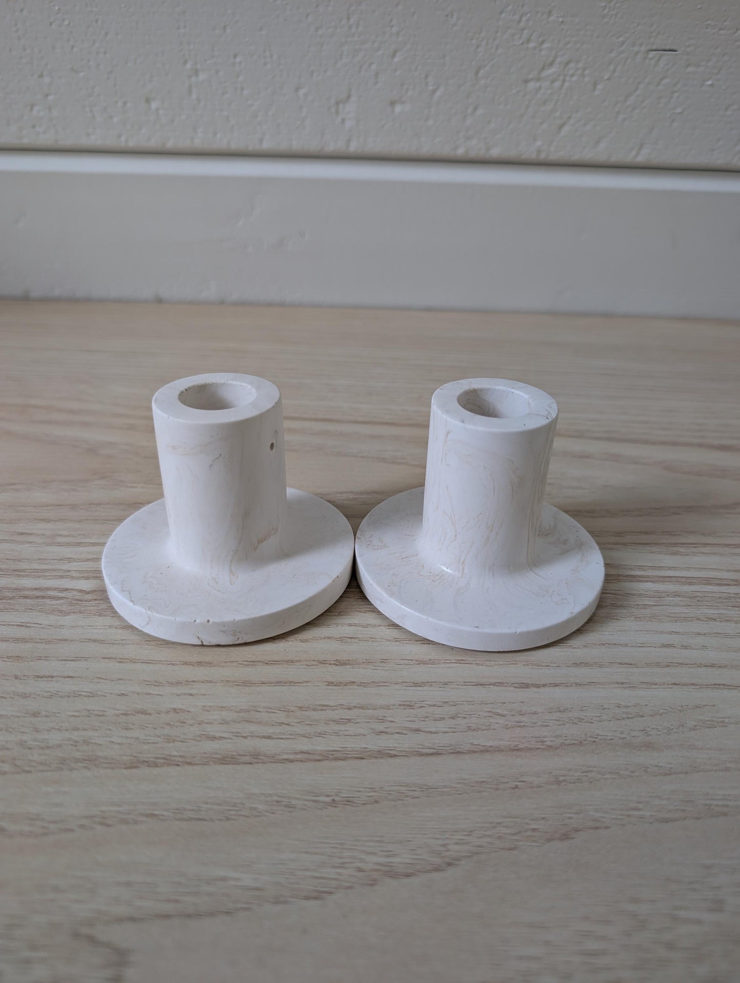 White & Tan Marbled Taper Candle Holder Set