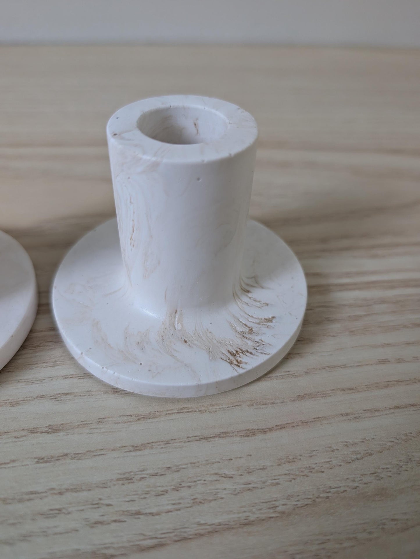 White & Tan Marbled Taper Candle Holder Set