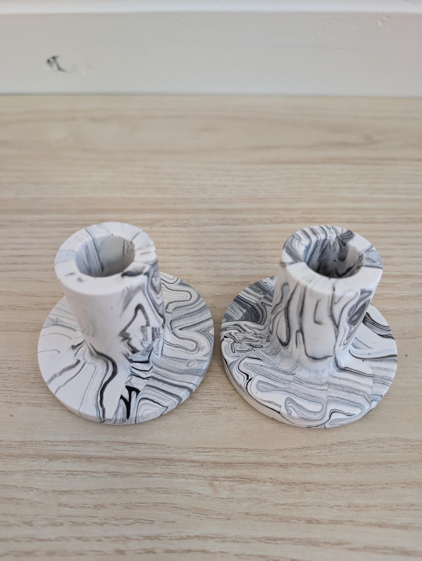 White & Black Marbled Taper Candle Holder Set