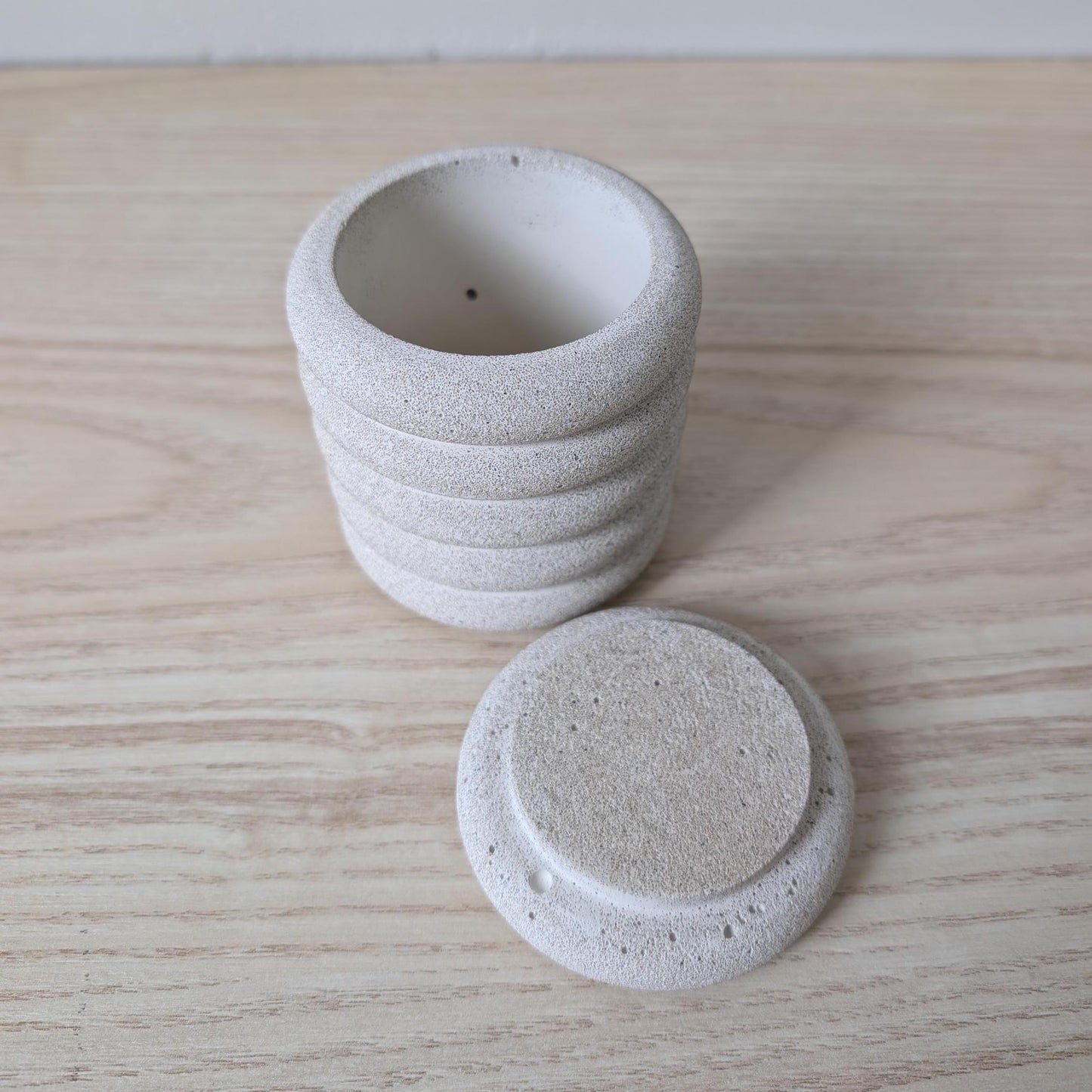 Concrete Lidded Jar, Modern Desk Organizer, Scalloped Bathroom Catchall Jar