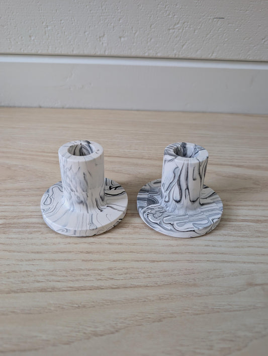 White & Black Marbled Taper Candle Holder Set