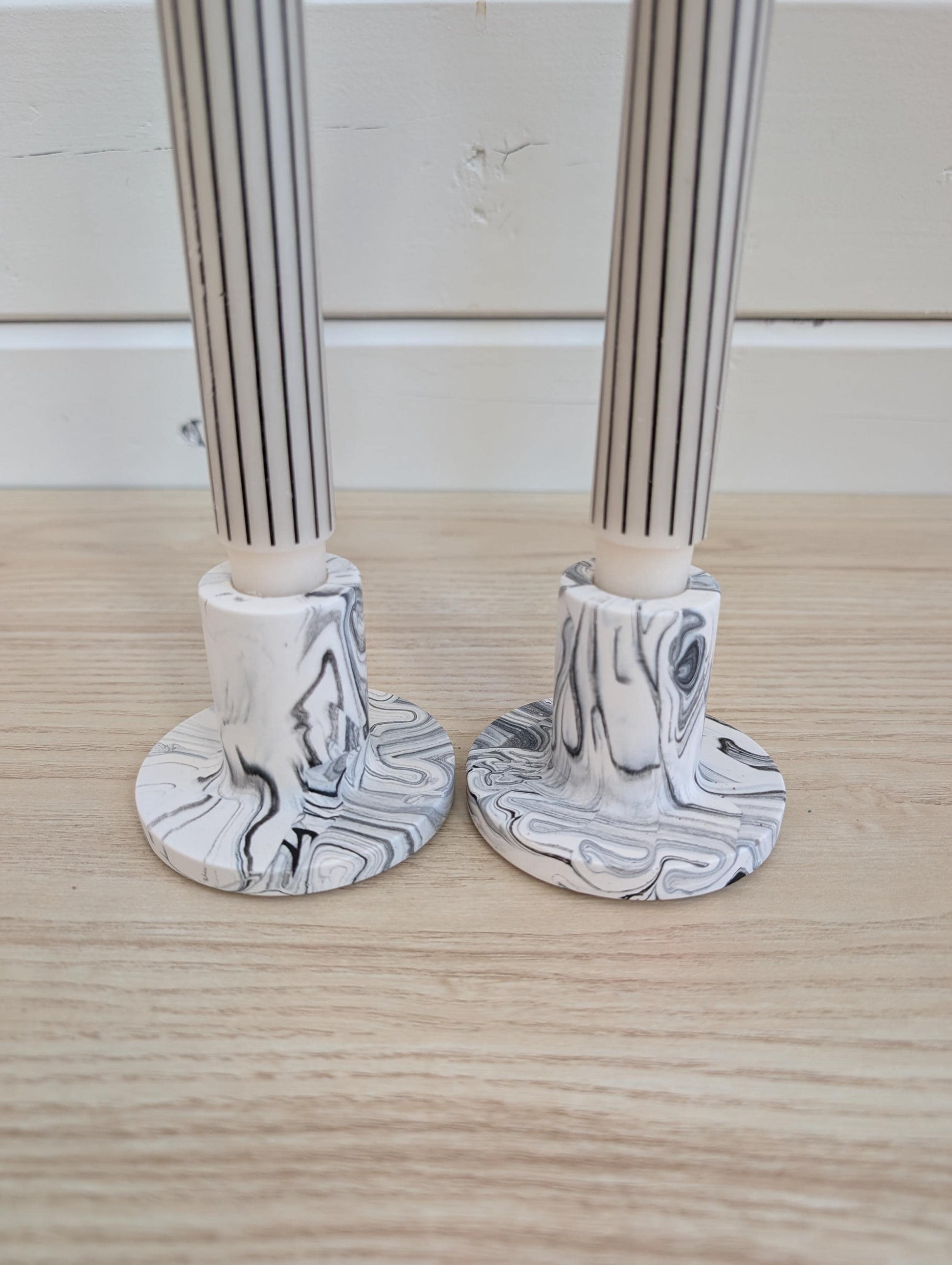 White & Black Marbled Taper Candle Holder Set