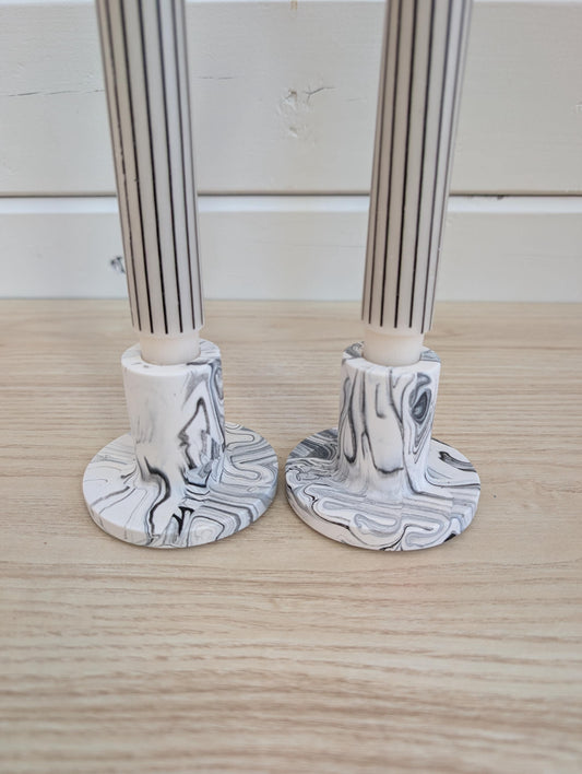 White & Black Marbled Taper Candle Holder Set