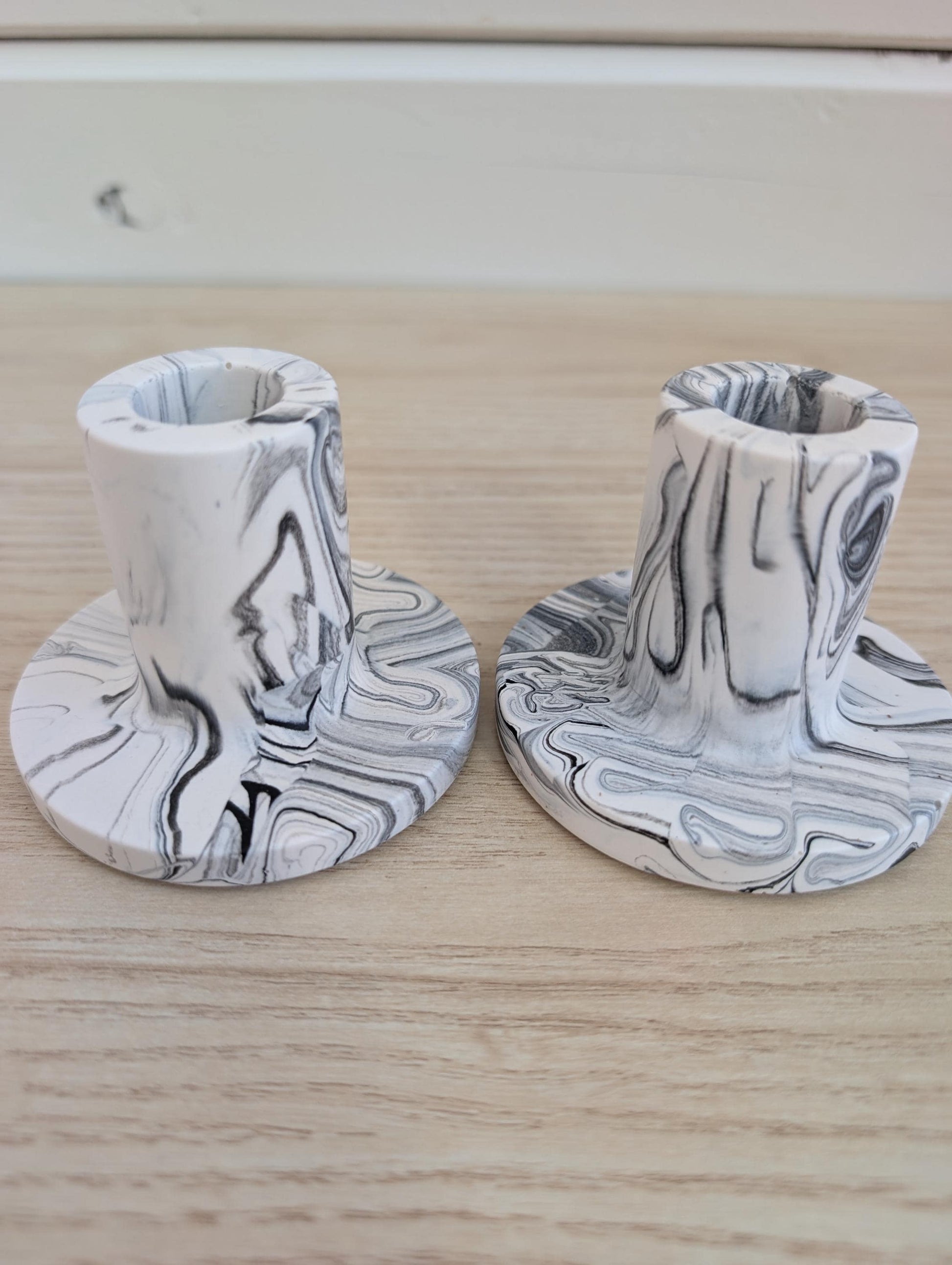 White & Black Marbled Taper Candle Holder Set