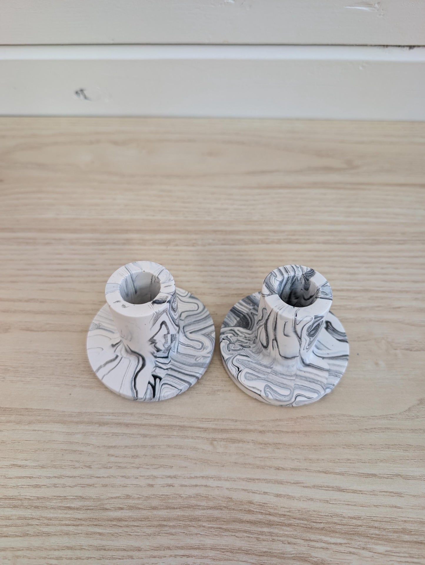 White & Black Marbled Taper Candle Holder Set
