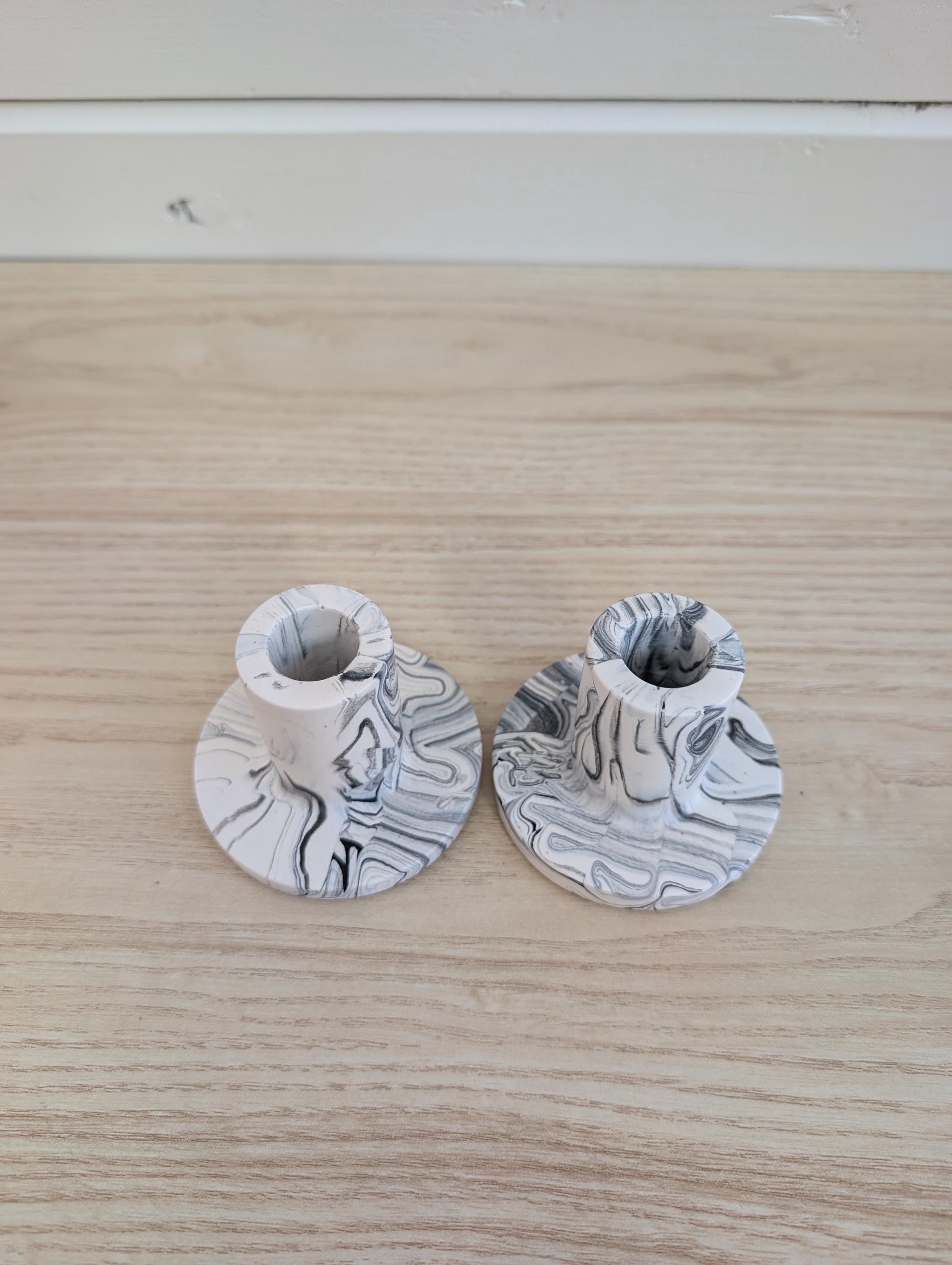 White & Black Marbled Taper Candle Holder Set