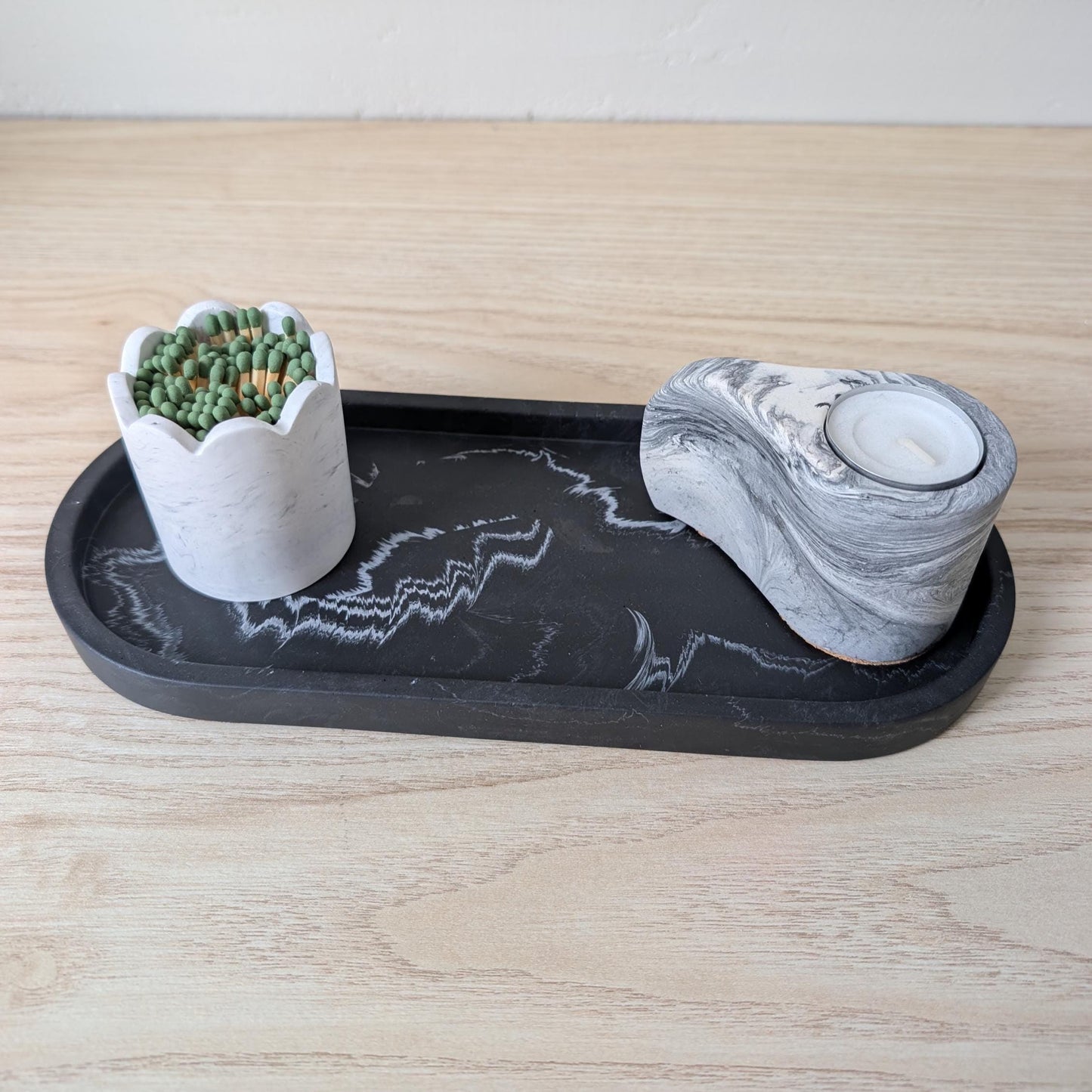 Black White Marbled Oval Tray, Neutral Eco-Resin Home Decor, Trinket Dish