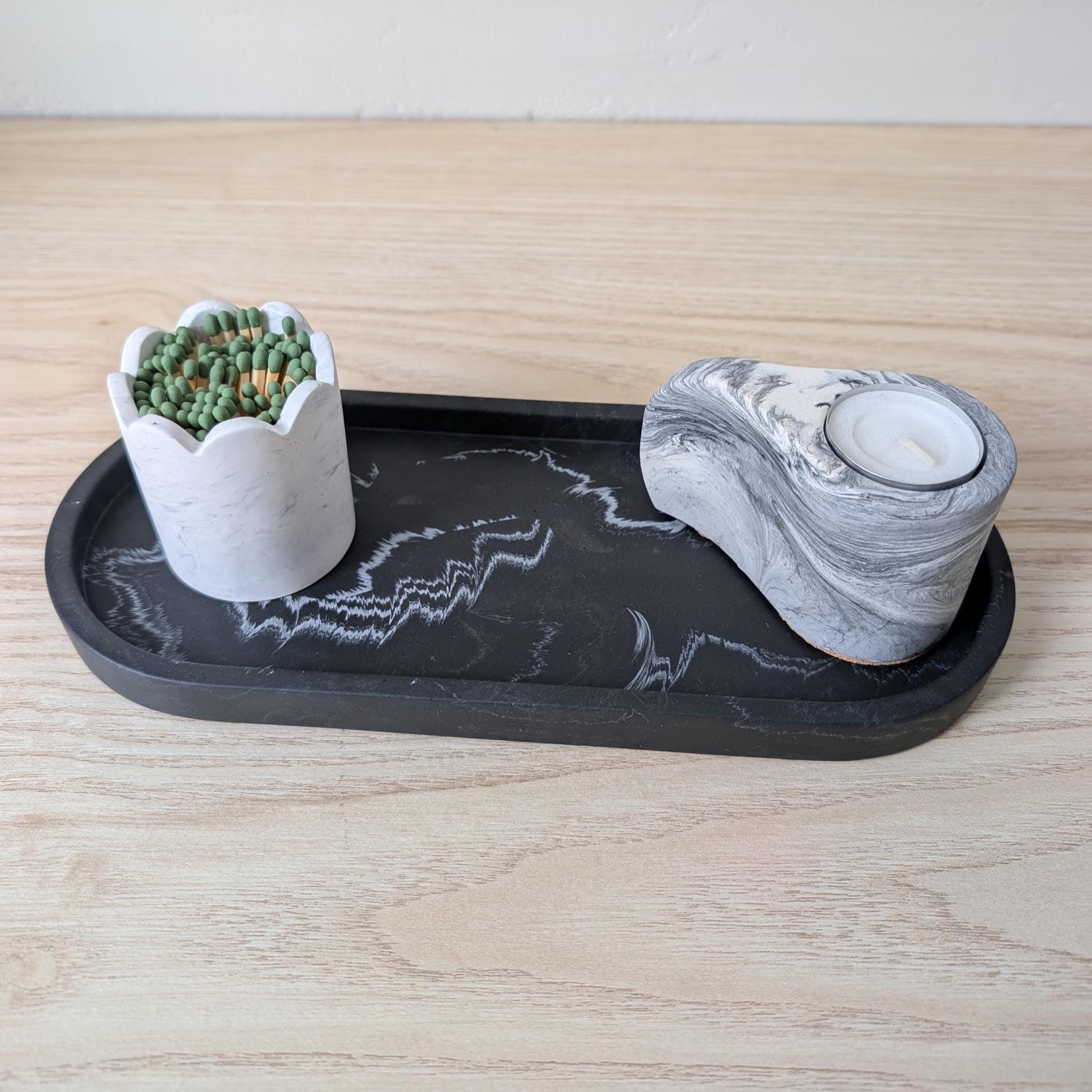 Black White Marbled Oval Tray, Neutral Eco-Resin Home Decor, Trinket Dish