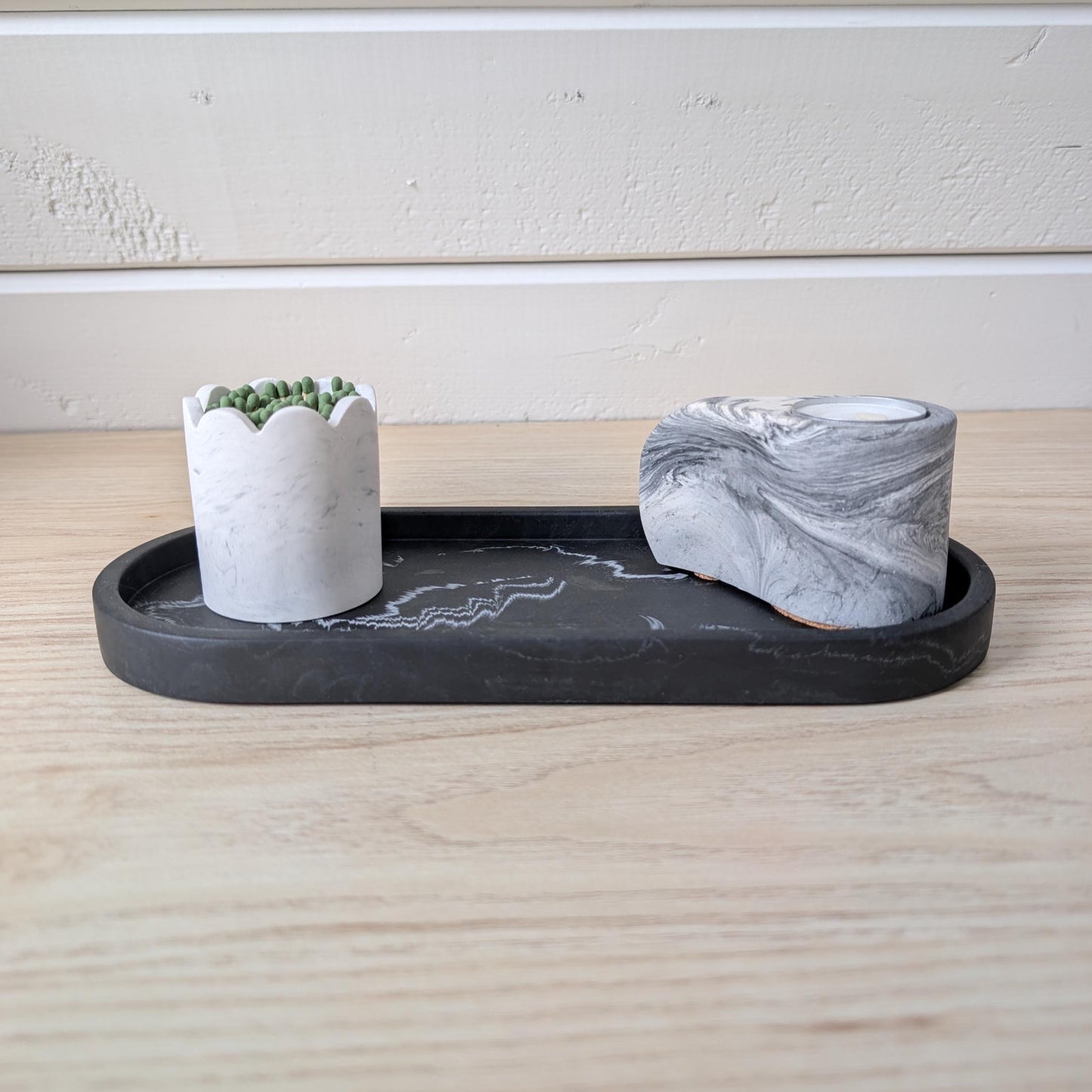 Black White Marbled Oval Tray, Neutral Eco-Resin Home Decor, Trinket Dish