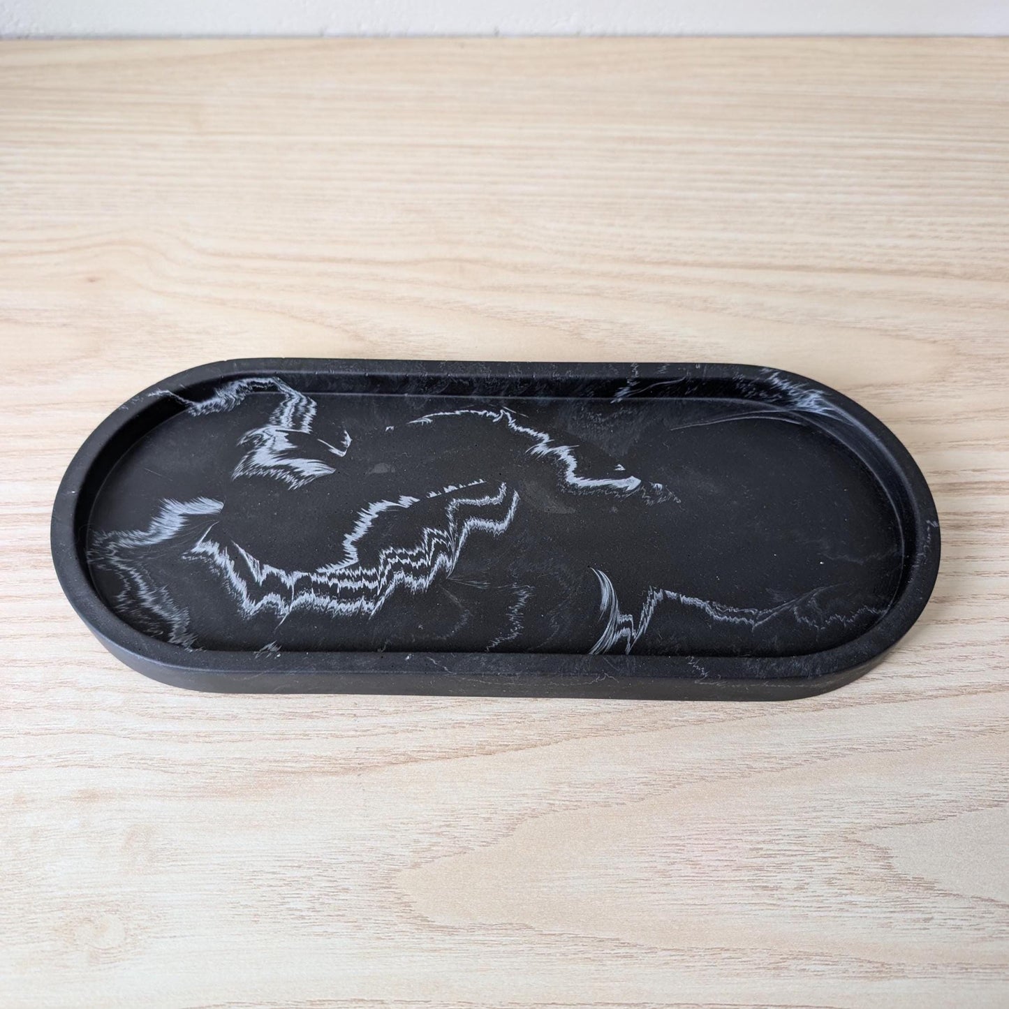 Black White Marbled Oval Tray, Neutral Eco-Resin Home Decor, Trinket Dish
