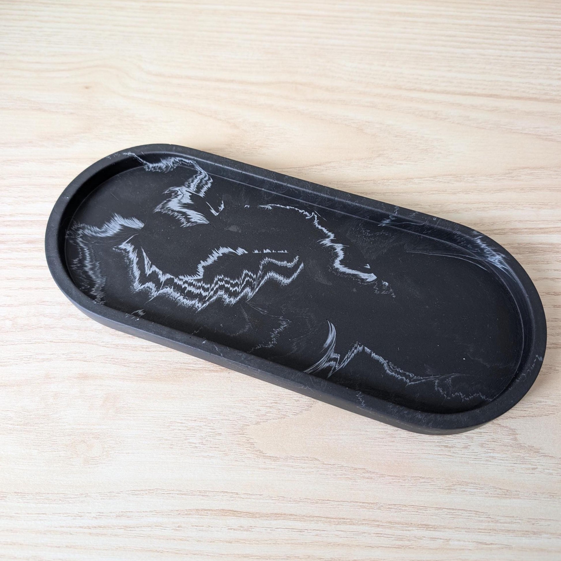 Black White Marbled Oval Tray, Neutral Eco-Resin Home Decor, Trinket Dish