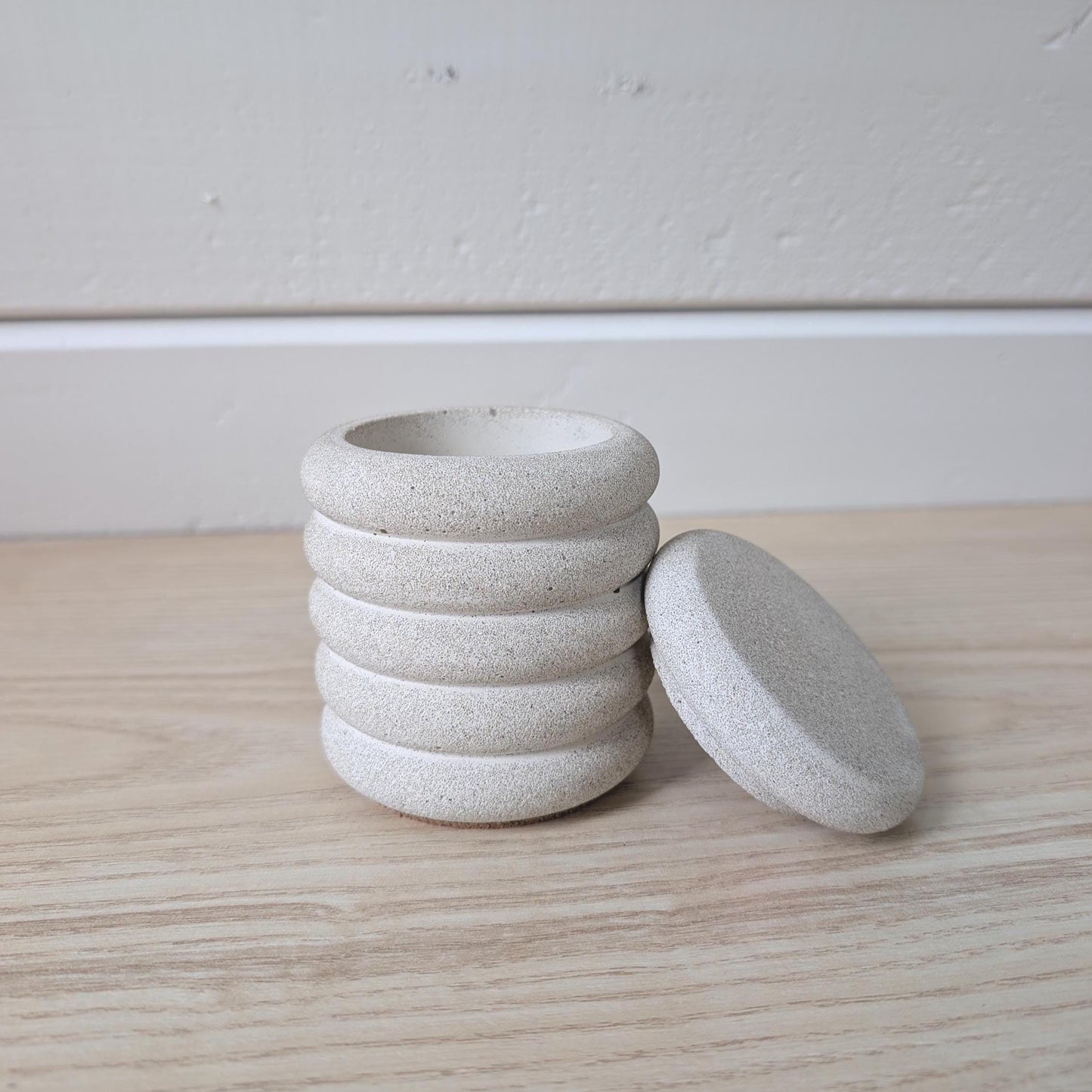 Concrete Lidded Jar, Modern Desk Organizer, Scalloped Bathroom Catchall Jar