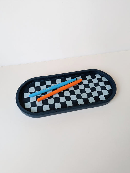 Blue Wonky Checkerboard Large Oval Tray