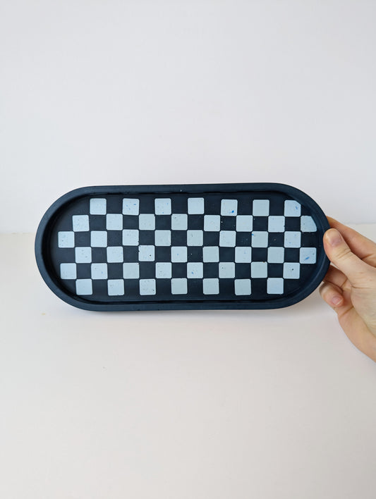 Blue Wonky Checkerboard Large Oval Tray