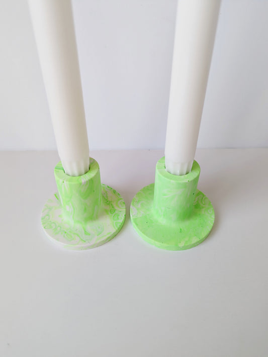 Neon Green Marbled Taper Holder (Set of 2)