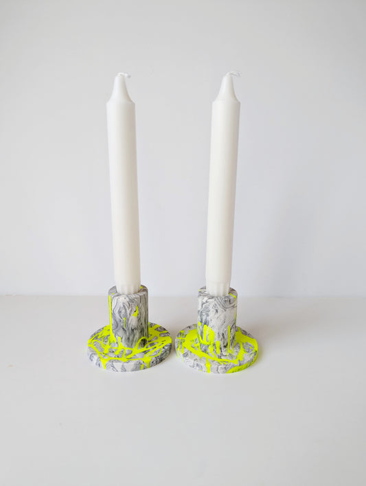 Neon Yellow Marbled Taper Holder (Set of 2)