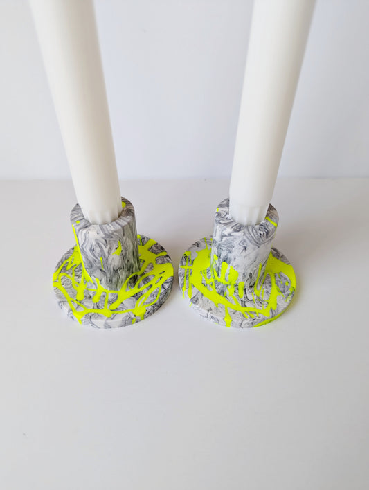 Neon Yellow Marbled Taper Holder (Set of 2)
