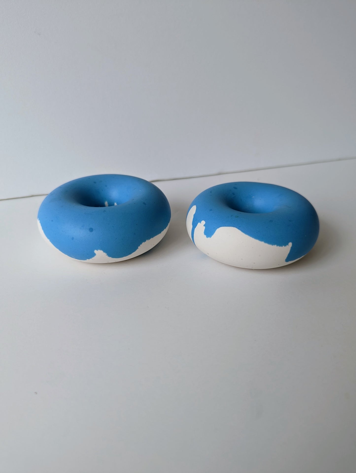 Blue Marbled Donut Taper Holder (Set of 2)