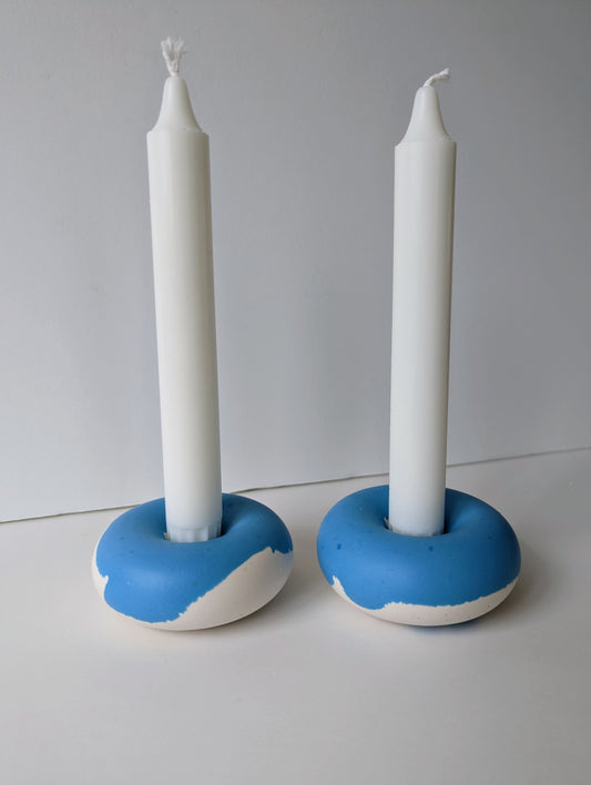 Blue Marbled Donut Taper Holder (Set of 2)