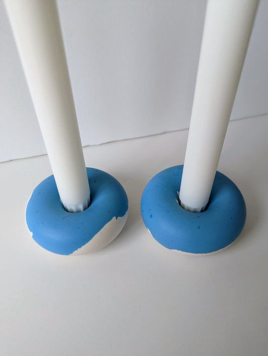 Blue Marbled Donut Taper Holder (Set of 2)