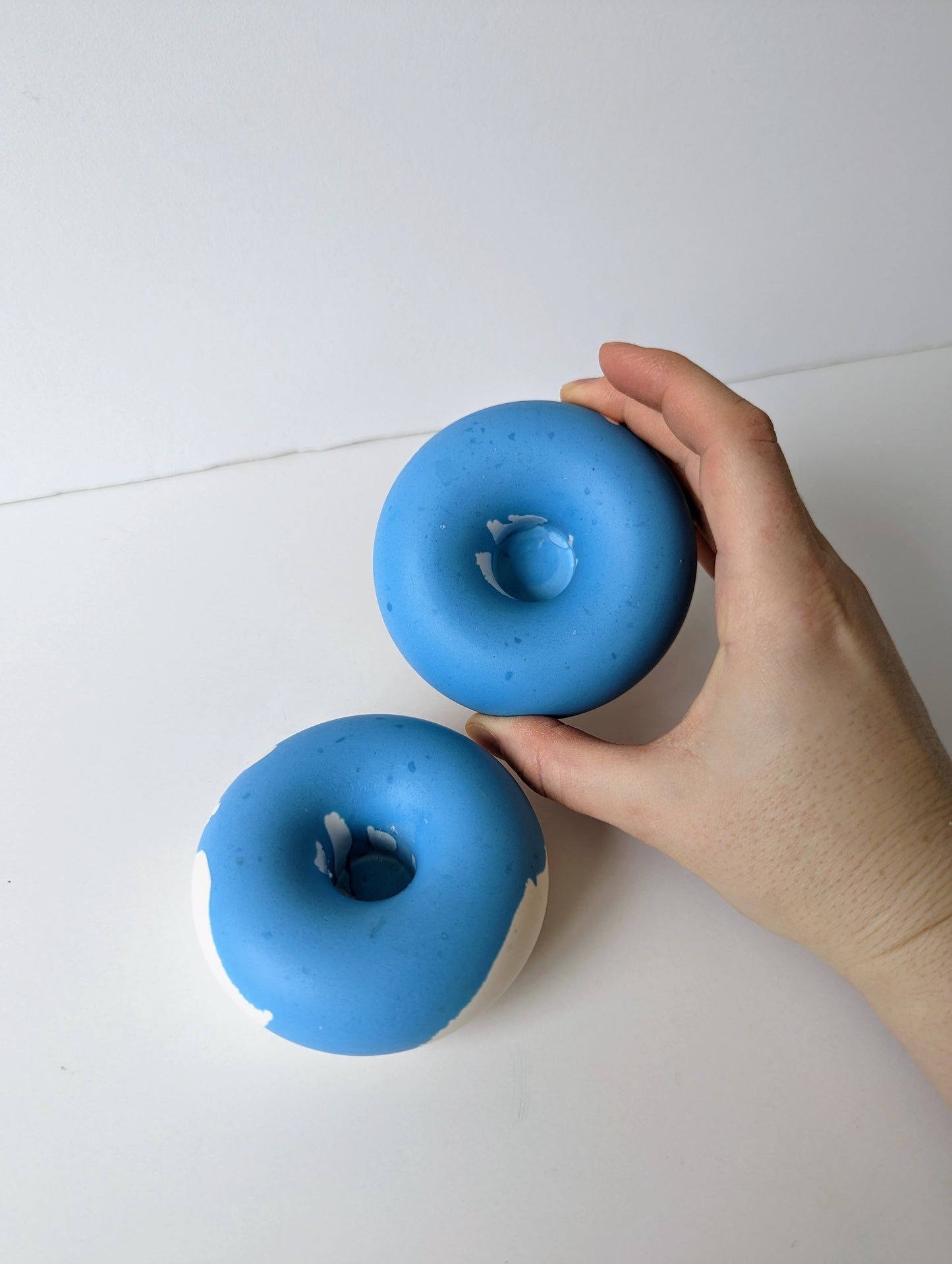 Blue Marbled Donut Taper Holder (Set of 2)